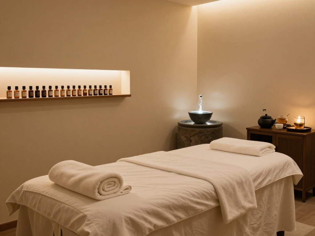 Premium massage room ambiance with mantra88 essence, soothing oils, and tranquil atmosphere.
