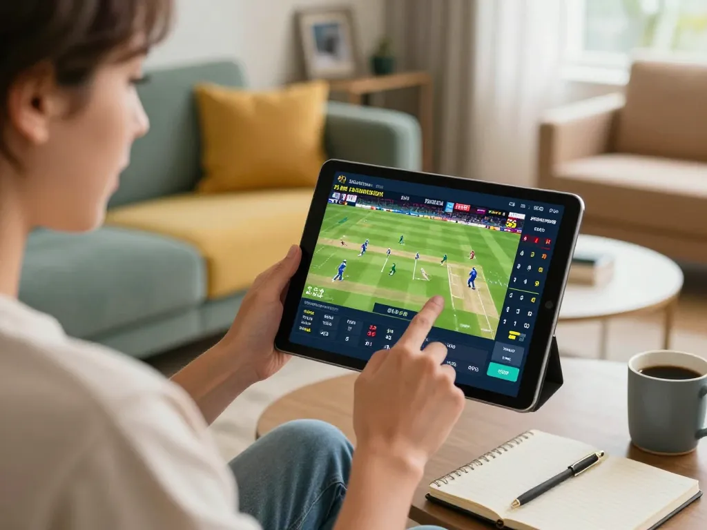 Engaged user placing bets on Jeetbuzz while analyzing cricket match odds on tablet.