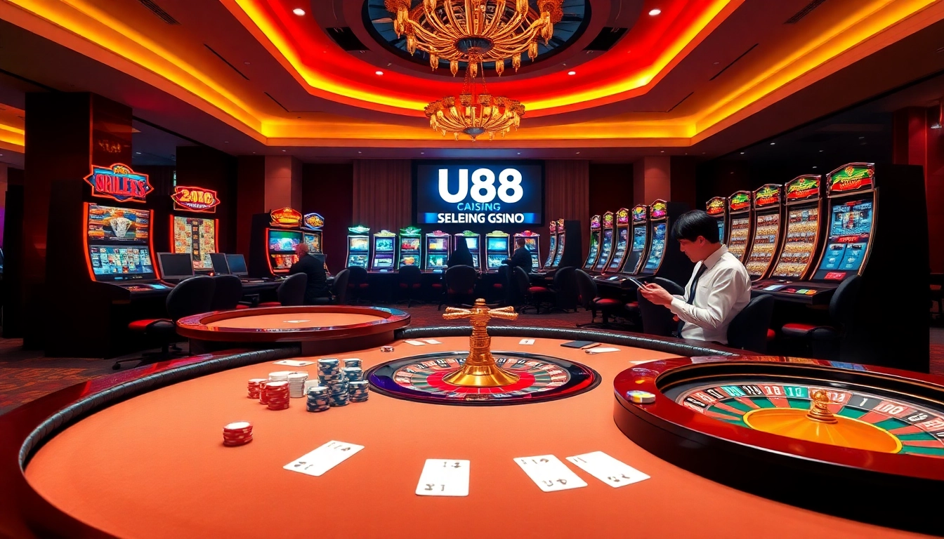 Gamblers engaging with the UU88 online casino platform, featuring poker chips and slot machines.