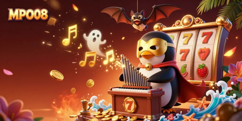 Experience the dynamic game play of MPO08 with cartoon characters and vibrant casino elements.