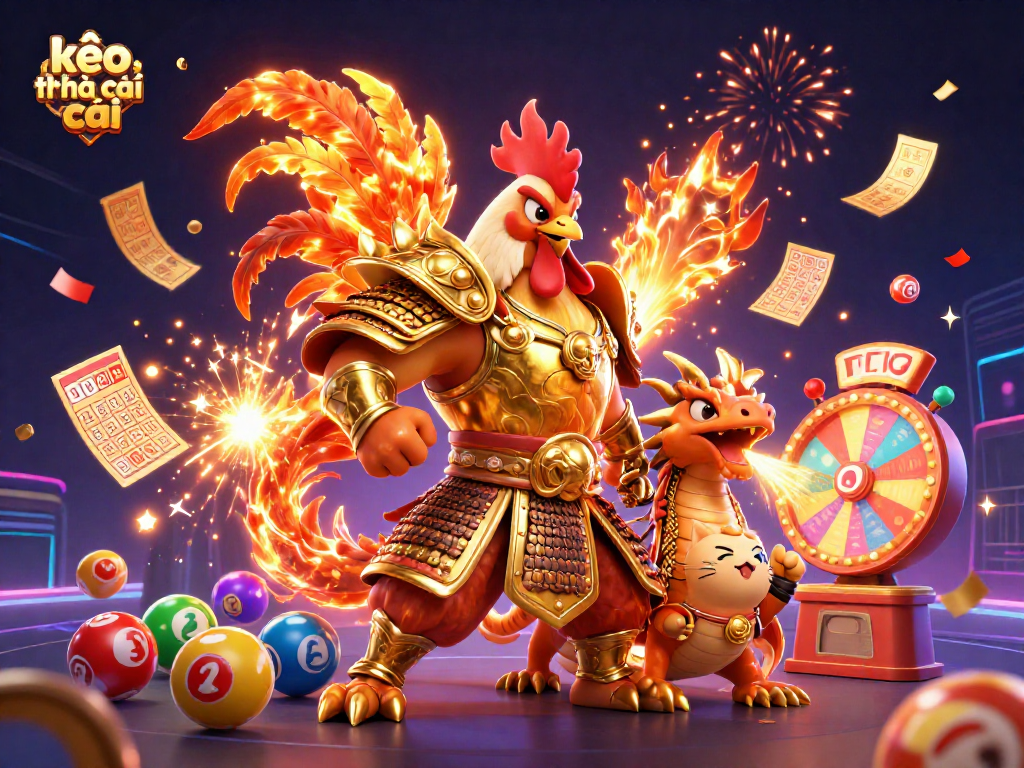Exciting scene featuring kèo nhà cái with a rooster warrior, dragon hatchling, and fortune cat amidst dynamic gambling elements.