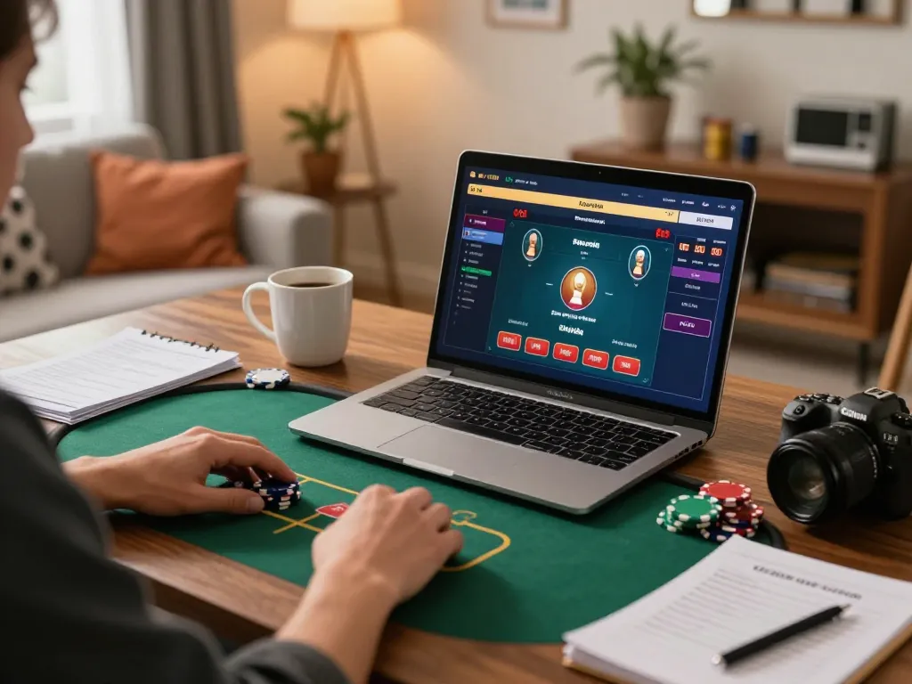 Person engaging in online poker gaming at home with Chatgpt caricature strategy notes visible.