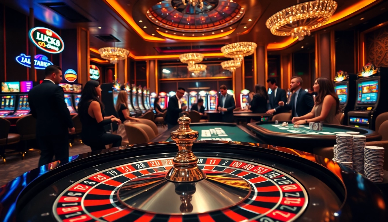 Experience the thrill of LUCK8 in a vibrant casino scene filled with roulette, blackjack, and excited players.
