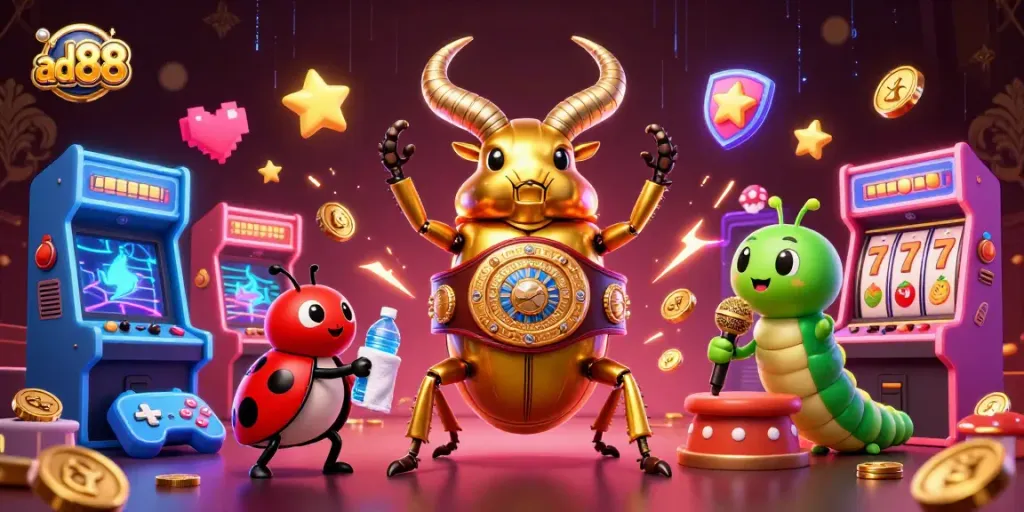 Engaging scene depicting ad88 characters battling with vibrant casino elements and arcade machines.