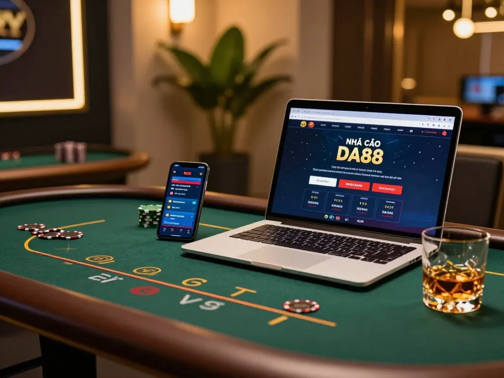 Engage in NHÀ CÁI DA88 gaming as players strategize bets on a sleek laptop at home.