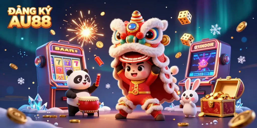 Experience ĐĂNG KÝ AU88 with vibrant characters celebrating in a rich, dynamic casino scene.