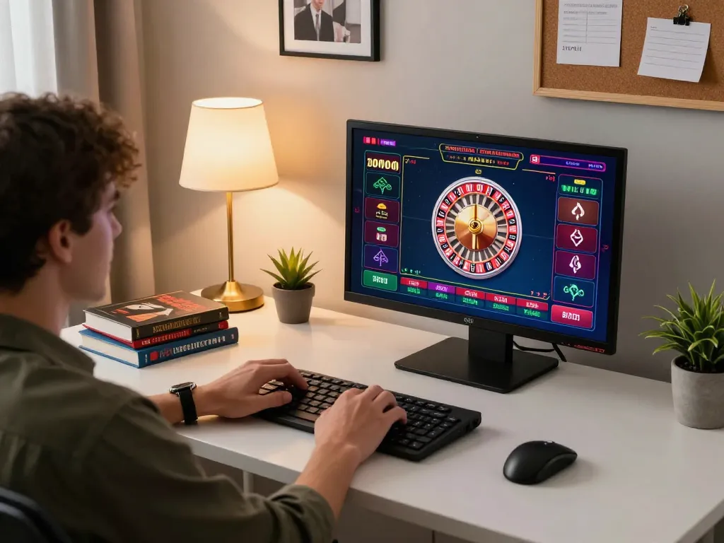 KJC player engaging in an exciting online roulette game, surrounded by strategy notes and a cozy gaming environment.