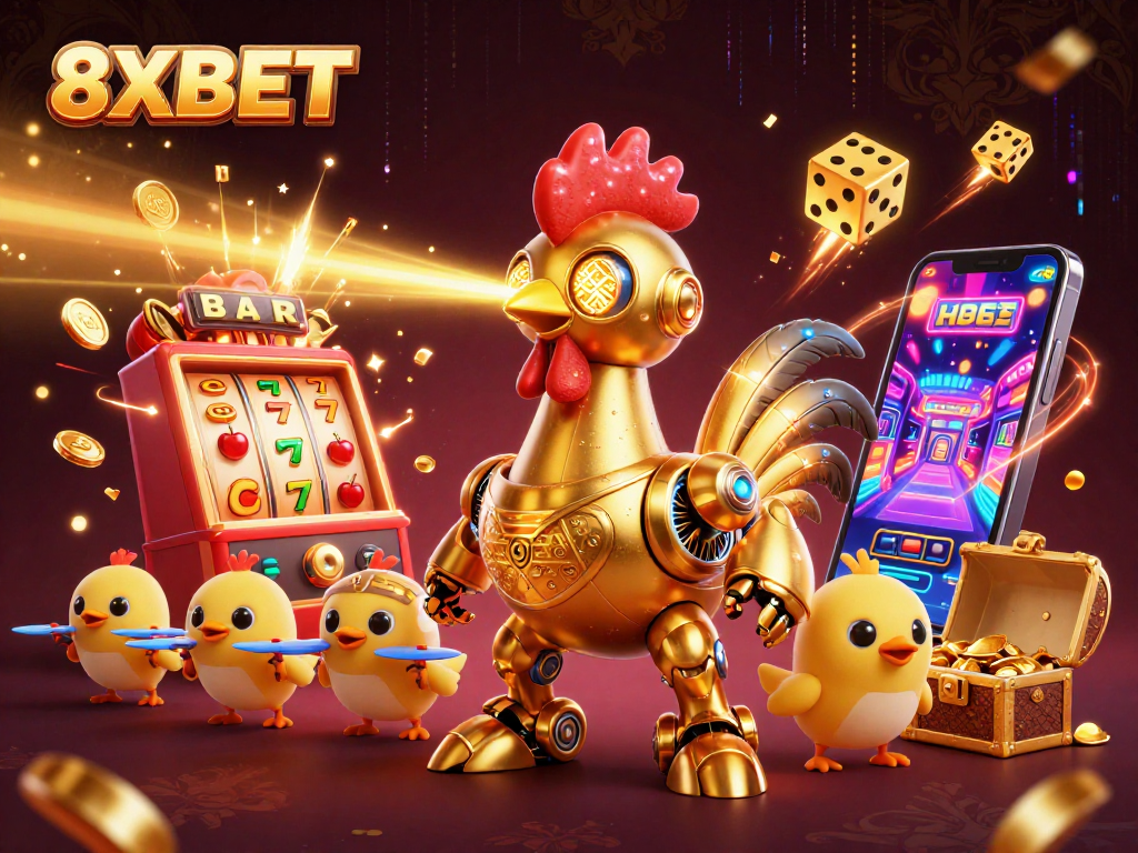 Experience the excitement with 8XBET's vibrant 3D casino scene filled with slot machines and dynamic gaming action.