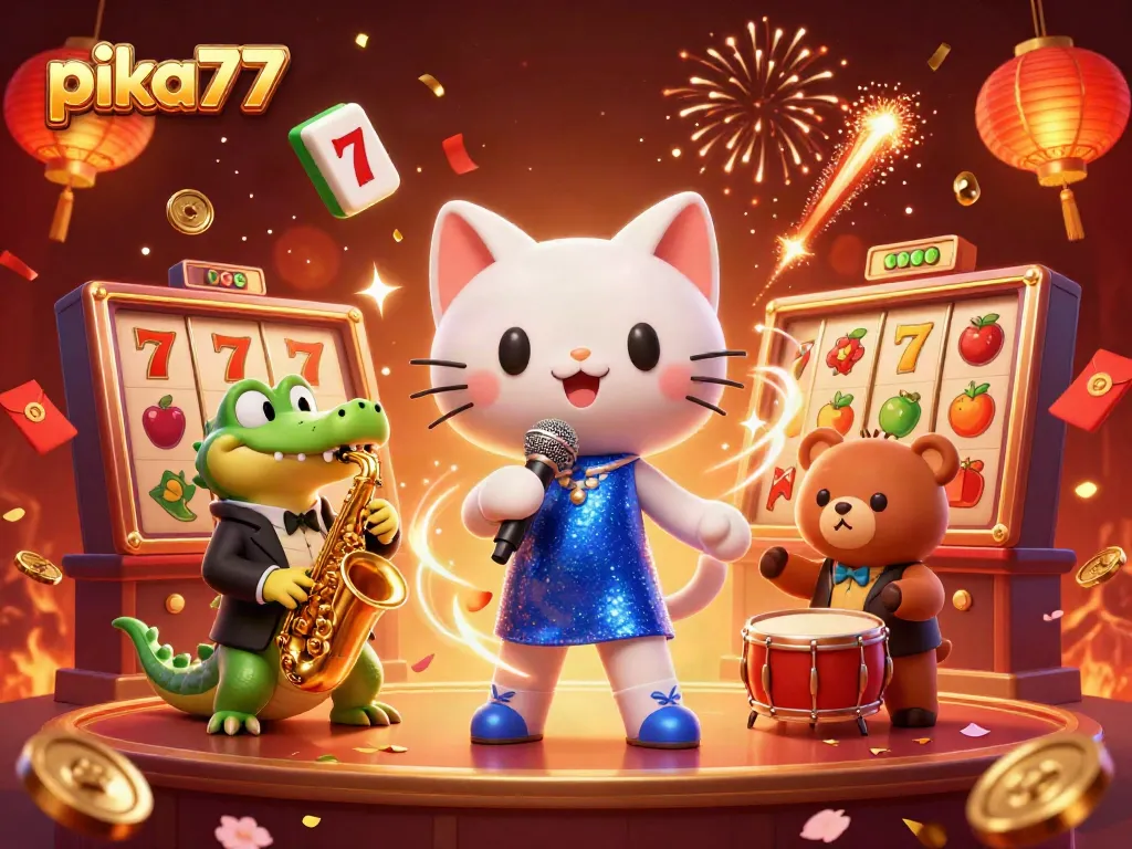 Join the lively scene at pika77 featuring a jazz-singer cat, saxophone crocodile, and drum-playing bear in a vibrant casino.