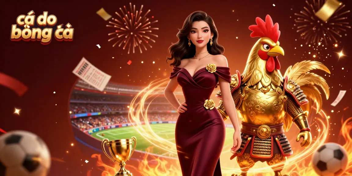 Engage in cá độ bóng đá action with a glamorous woman and a golden rooster warrior amidst dynamic sports betting elements.