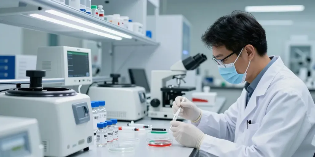 Buy tb-500 Canada displayed in a professional laboratory environment with scientists analyzing peptide vials.
