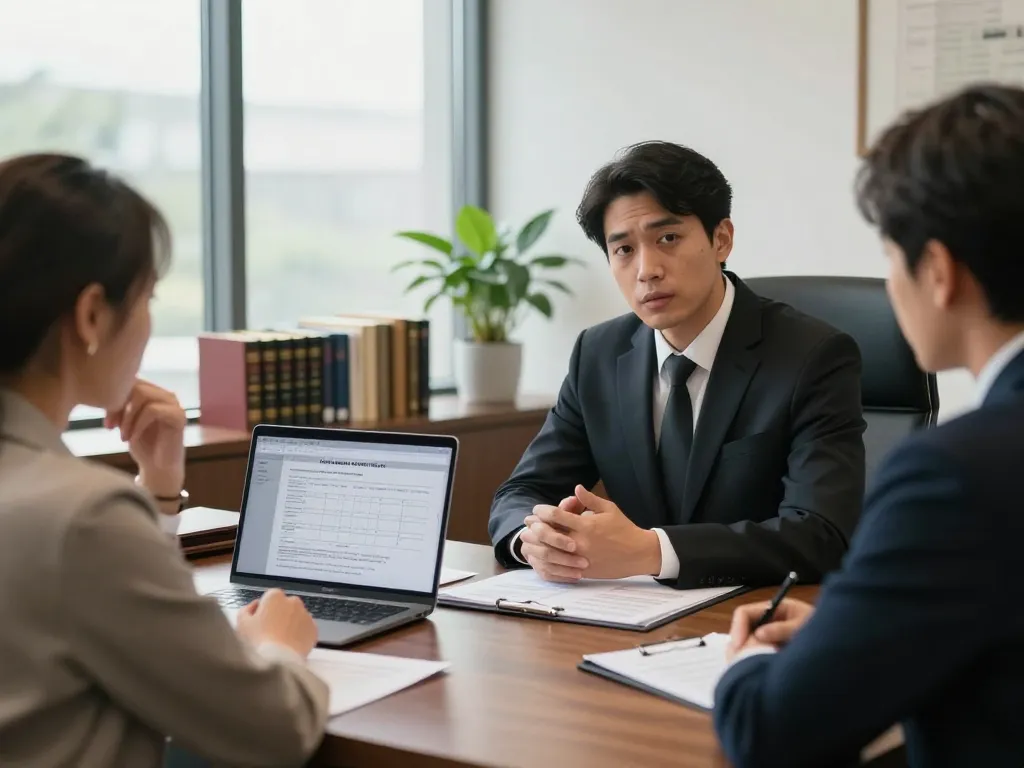 Alexandria Personal Injury Lawyer discussing case with client in modern office.