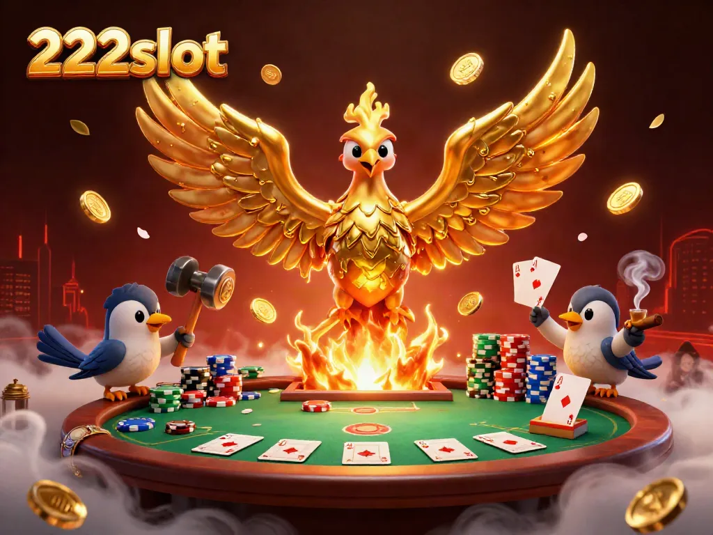 Menggenggam kemenangan dengan 222slot, ilustrasi kasino 3D dengan simbol keberuntungan dan detail memukau.
