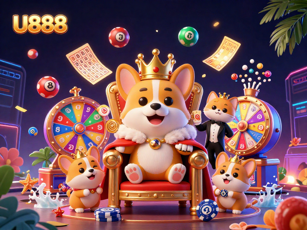 Experience U888’s vibrant gaming world with a royal corgi on poker chips, dynamic lottery elements, and lively colors.