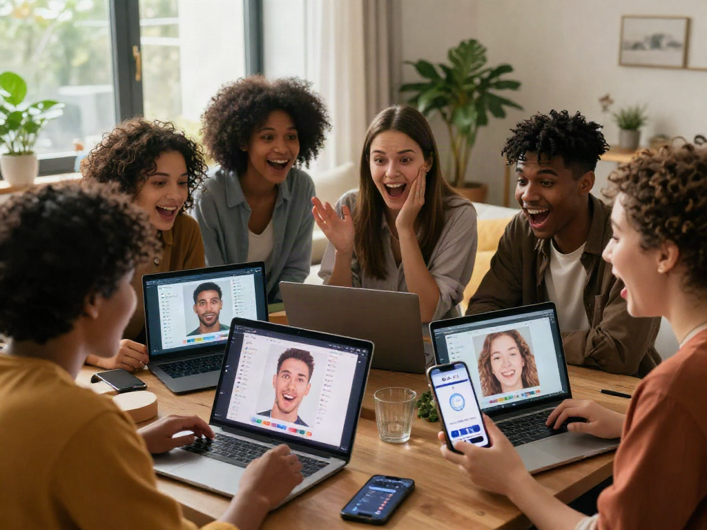Friends engaging with an attractive test on a computer, showing lively reactions and facial analysis.