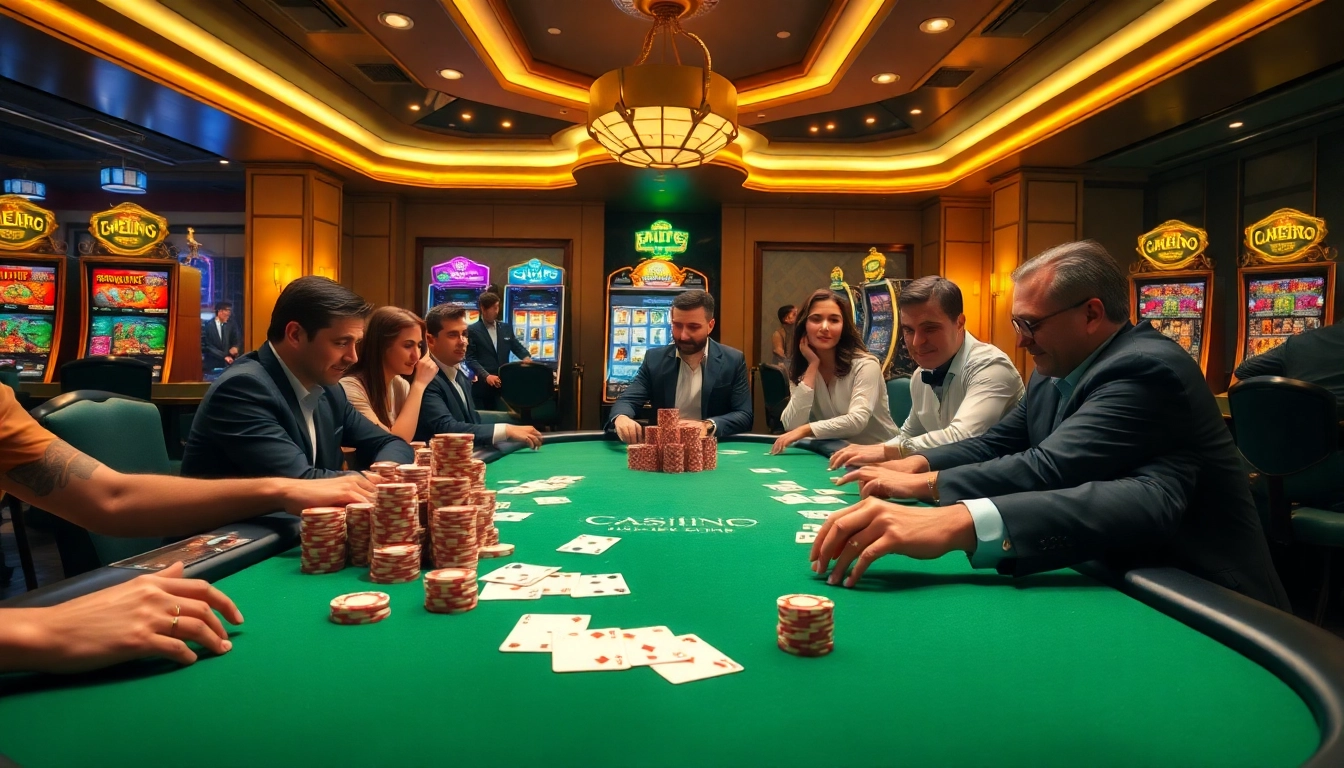 Vivez l'excitation du casino en ligne argent réel dans un cadre de poker luxueux avec des jetons vibrants.