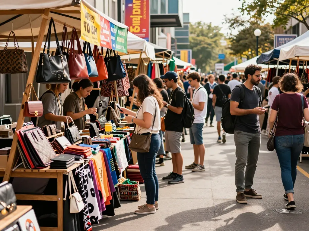 High-quality 레플리카 fashion goods displayed in a bustling street market, showcasing vibrant styles and lively shopping atmosphere.