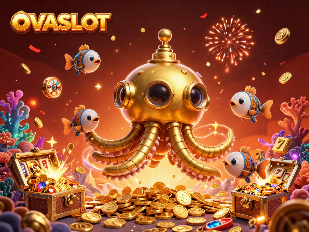 Experience the thrilling world of OVASLOT with a vibrant illustration depicting a golden kraken submarine amidst slot reels and treasures.