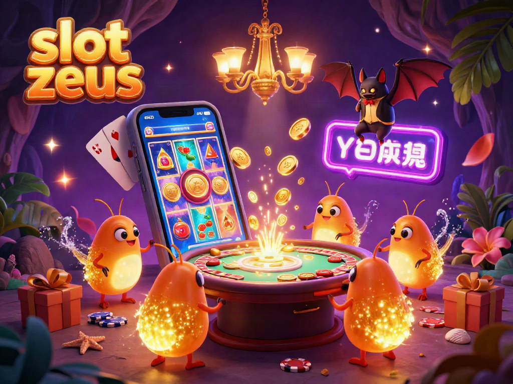 Experience thrilling gameplay with slot zeus in this vibrant 3D casino illustration featuring glowworms and a bat dealer.