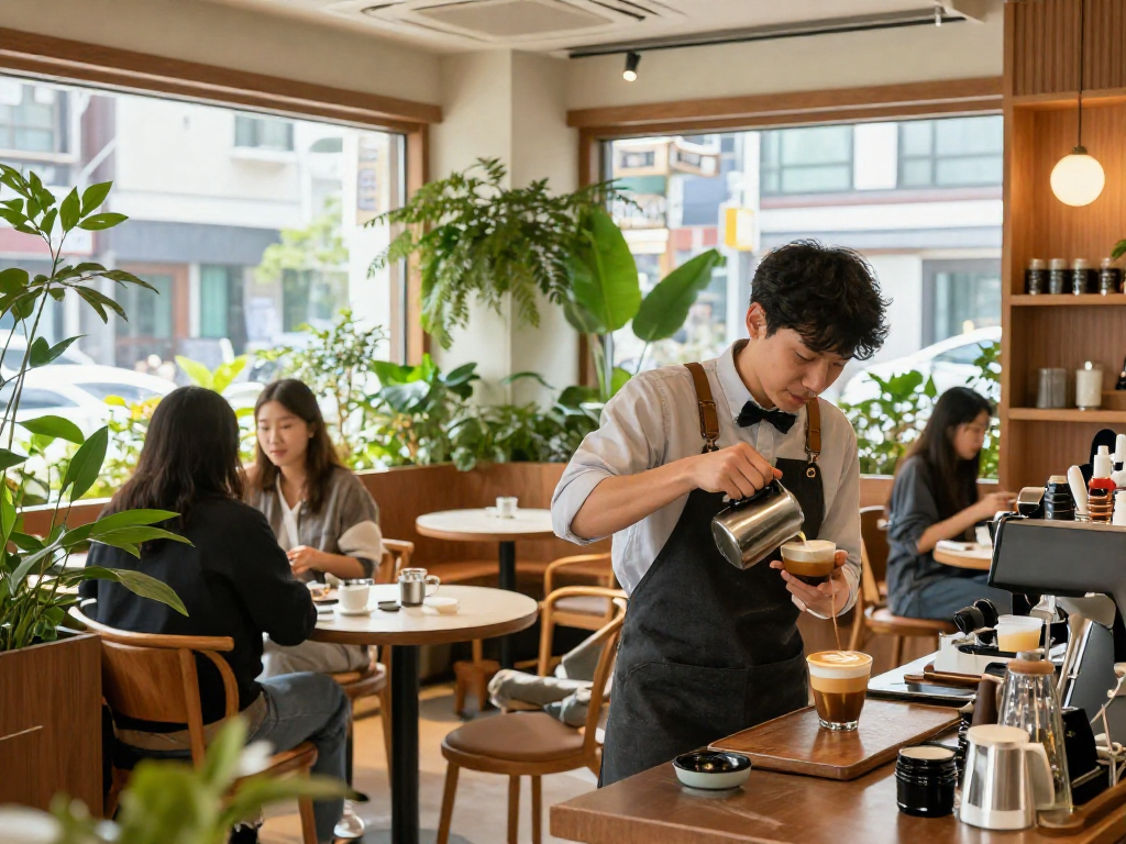 강남 달토에서 고급스러운 카페의 바리스타가 라떼 아트를 만드는 모습