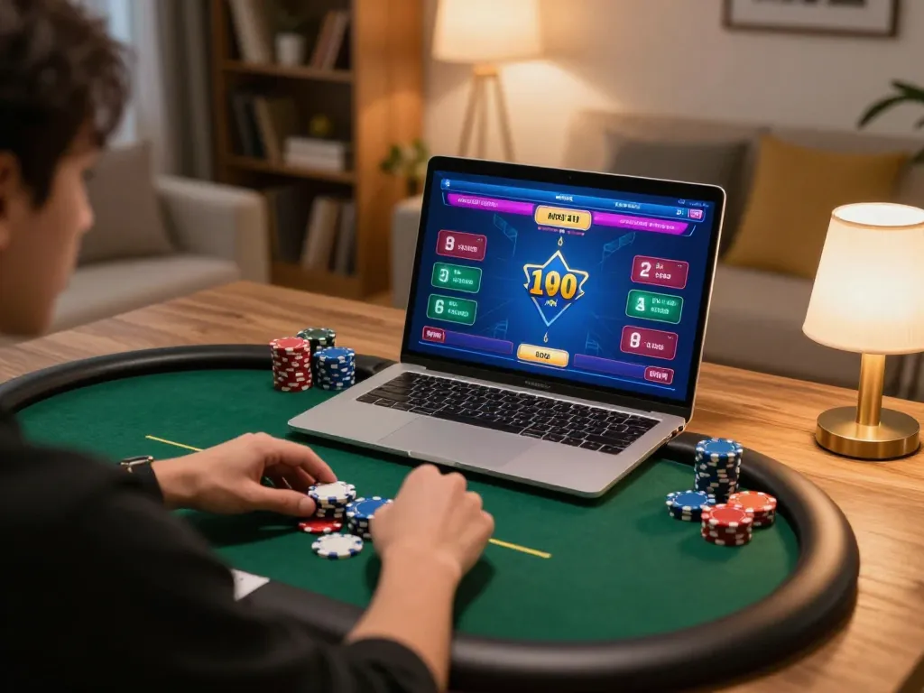 Player strategizes poker on Fly88 at home, highlighting a dynamic online gambling experience.