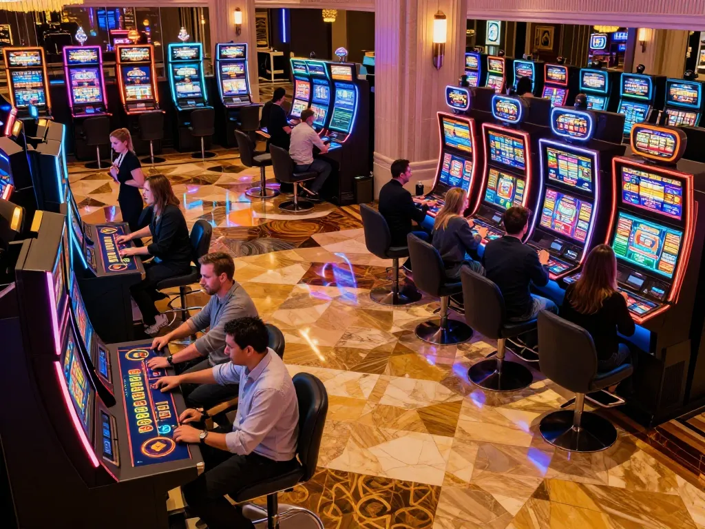 Leci123 players engaging with vibrant slot machines in a luxurious casino atmosphere