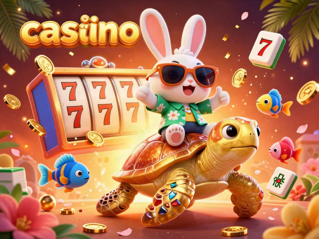 Experience the vibrant world of casino gaming with our adorable 3D lucky rabbit enjoying a ride on a golden turtle amidst dynamic slot reels.