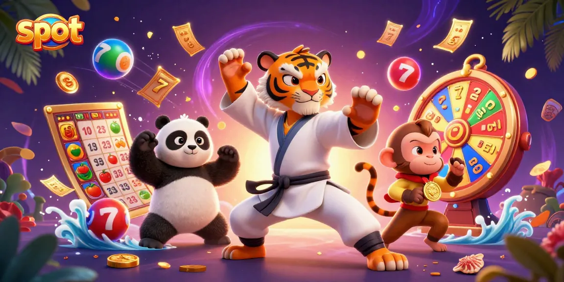 Engage in slot gaming excitement with a kung fu tiger and friends in a colorful casino scene.