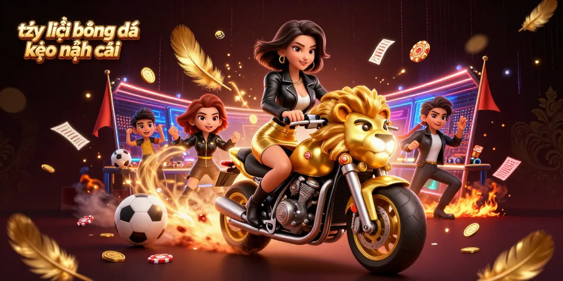 Bet on tỷ lệ bóng đá kèo nhà cái with a glamorous Asian gamer riding a golden lion mascot