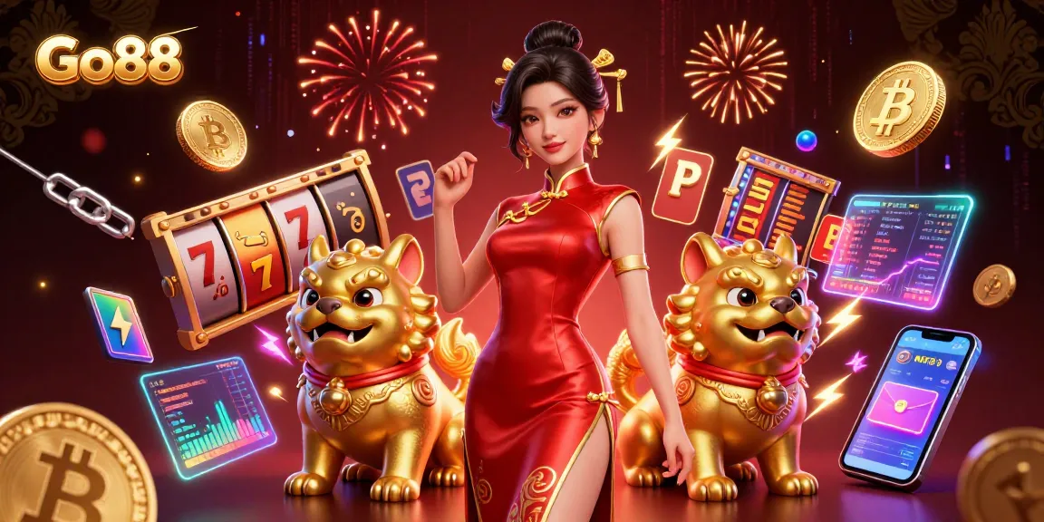 Experience Go88 with a glamorous Asian woman and unique casino elements in a vibrant 3D illustration.