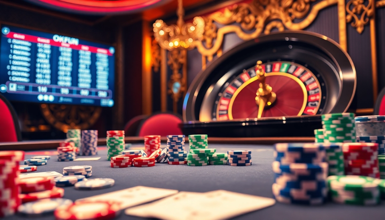 Experience the thrill of OKFUN as players engage at a vibrant casino table with cards and chips.