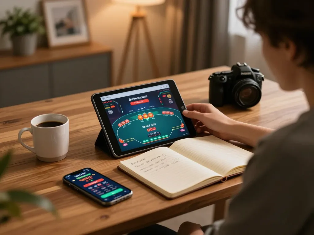 Engaging in Spin Panda live casino gameplay on a tablet, showcasing strategic betting in cozy home atmosphere.