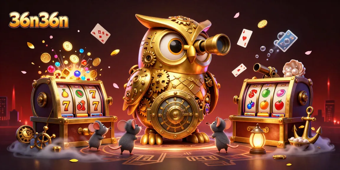 Engage with thrilling gameplay at 36n36n featuring an animated casino scene with clockwork owl and vibrant slot elements.