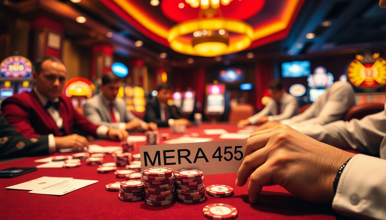 Players engage in a thrilling poker game at MERAH45 casino, surrounded by colorful chips and cards.