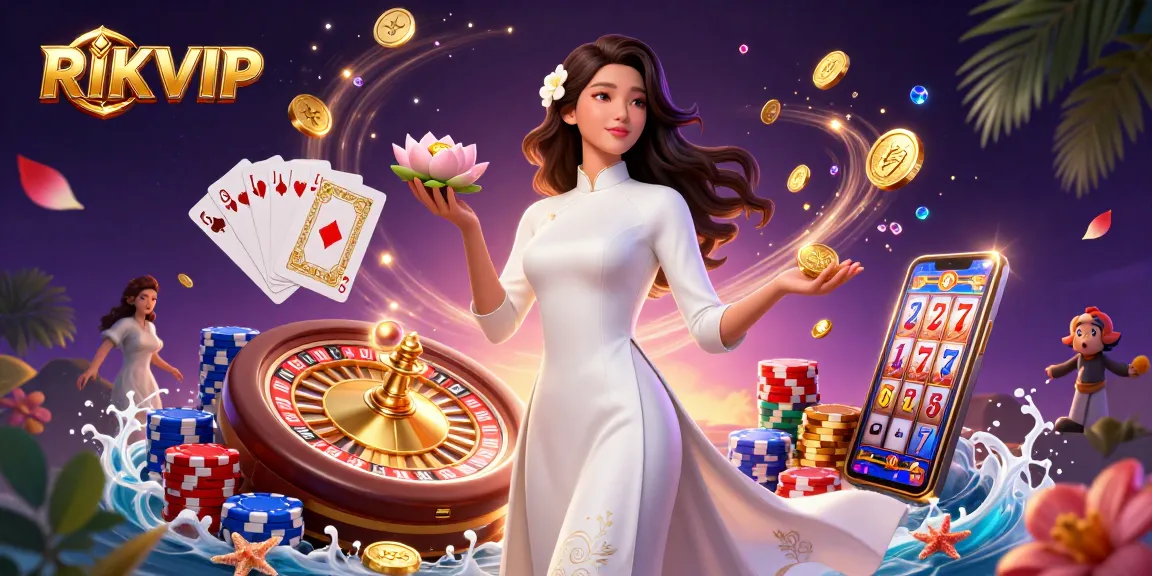 Experience the excitement of RIKVIP with golden coins and vibrant casino elements in this rich illustration.