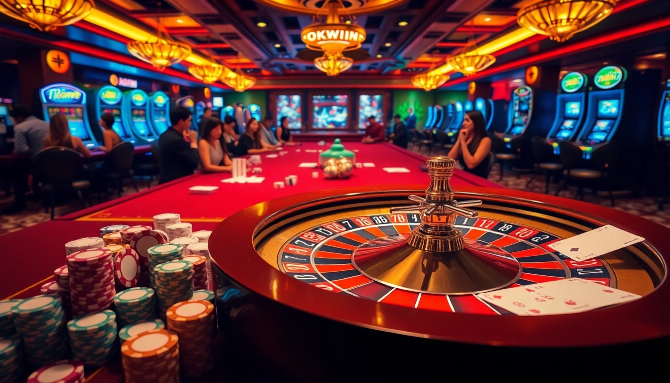Experience the thrill of gambling with okwin in this vibrant casino scene featuring roulette and players.