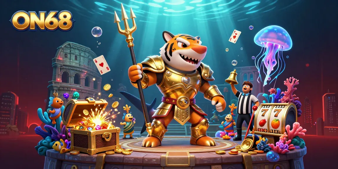 Experience thrilling gameplay at ON68 with a vibrant underwater casino scene featuring a gladiator shark and exciting slot reels.