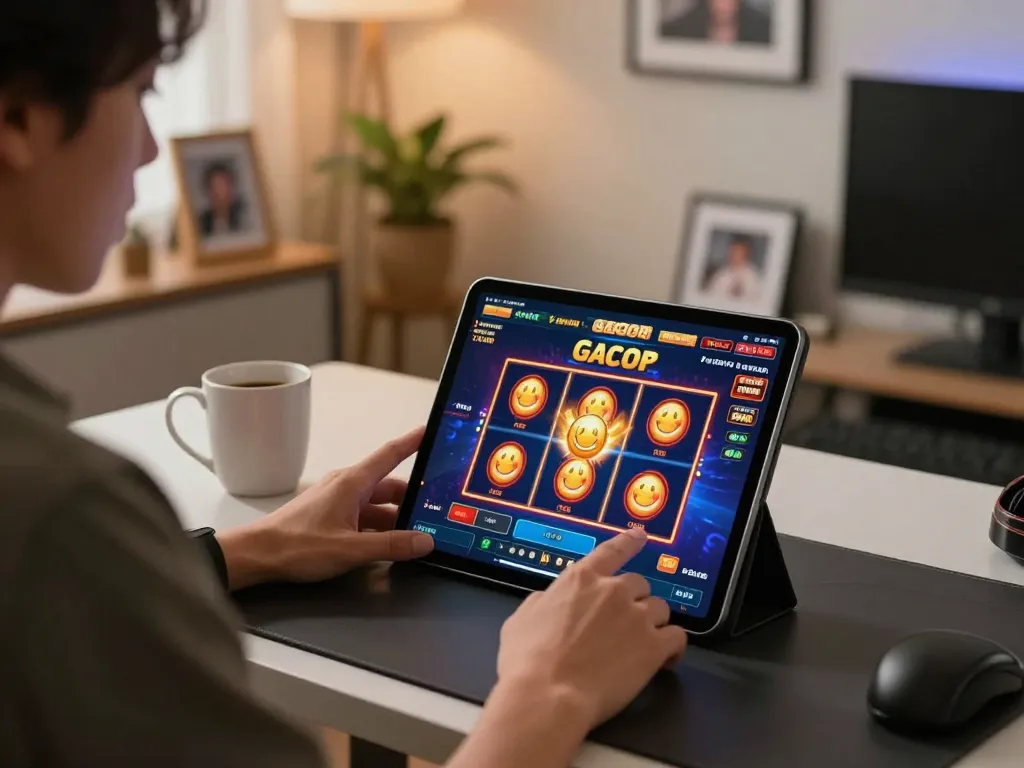 Engaging player enjoying slot gacor gameplay on tablet in modern workspace while managing bets