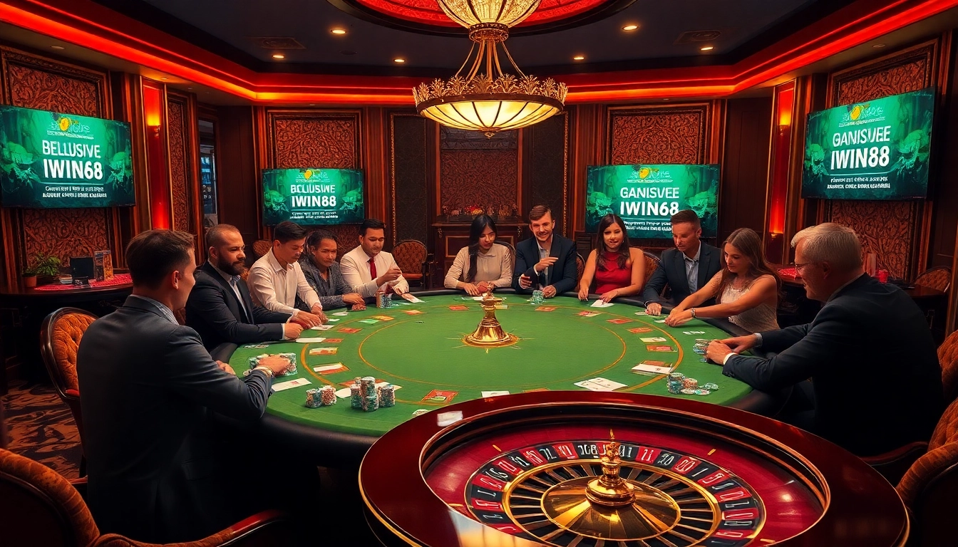 IWIN68 players celebrate their wins at a luxurious poker table in an elegant casino setting.