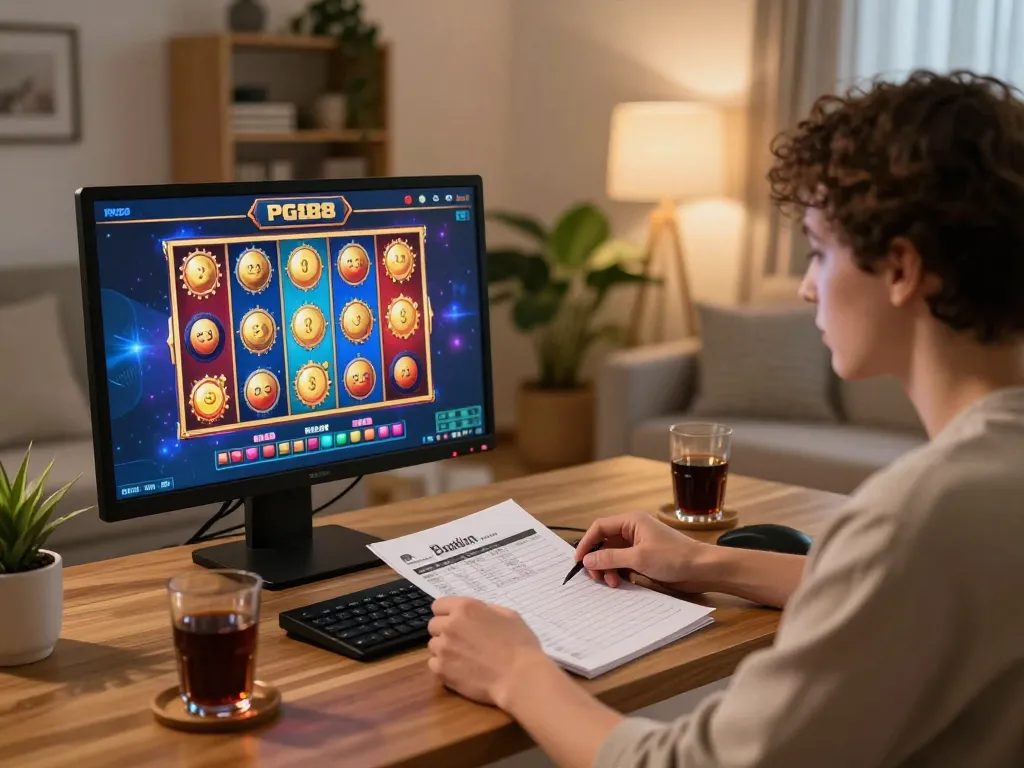 Person playing PG88 casino games on a computer at home, showcasing vibrant online slots.