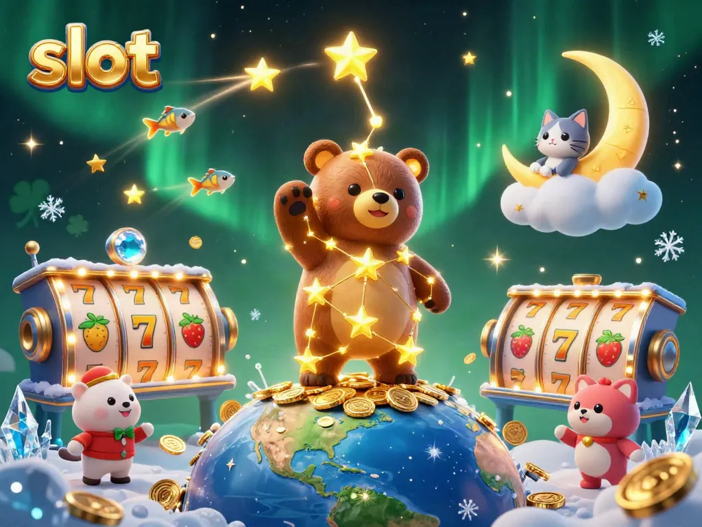 Engage in slots gameplay with a sparkling illustration of a constellation bear and vibrant slot game elements.