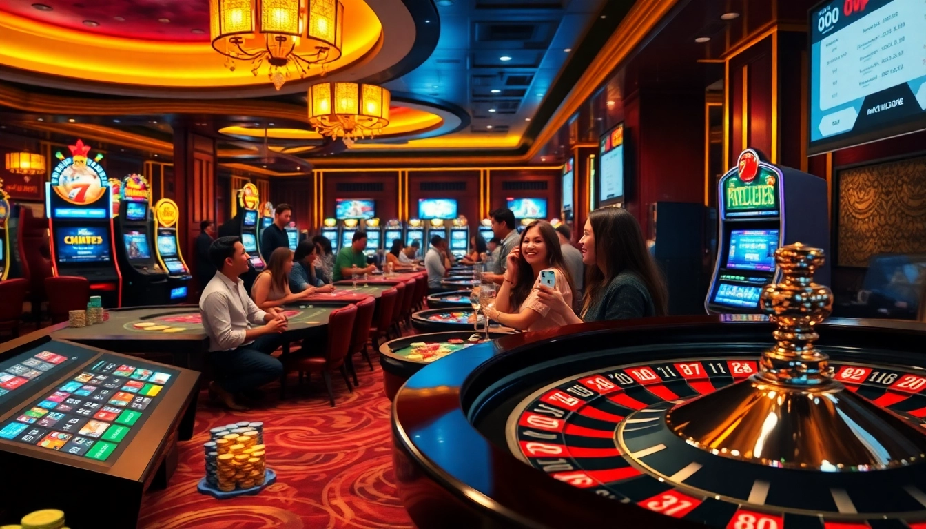 Lively casino scene showcasing vibrant games at https://luongsontv23.com/ with colorful chips, slot machines, and excited players.
