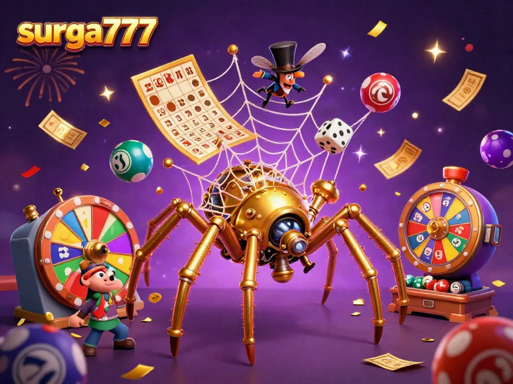 Experience the excitement of surga777 with a colorful 3D steampunk scene filled with casino elements.