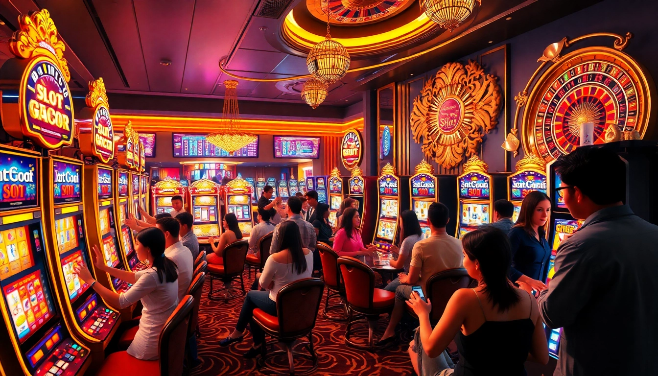 Experience the thrill of slot gacor wins with players celebrating at luxurious casino slot machines.
