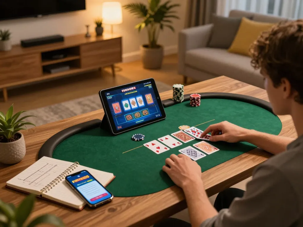 Engaging gameplay on rokok88 app as player strategizes with notes and tablet in cozy home setup.