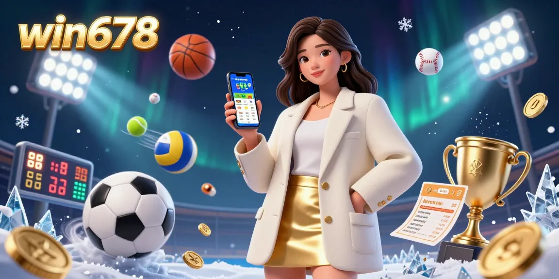 Experience win678 sports betting with a dynamic casino scene featuring an Asian woman and 3D sports elements.
