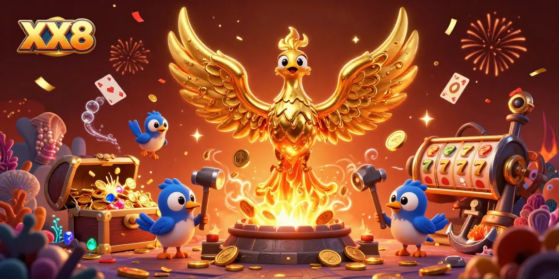 Experience the thrill of XX8 with a golden phoenix and underwater treasures in a vibrant casino scene.