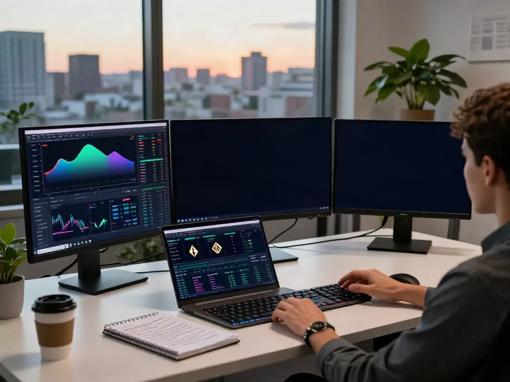Real-time financial data API integration displayed on multiple screens in a vibrant crypto trading workspace with advanced analytics tools.