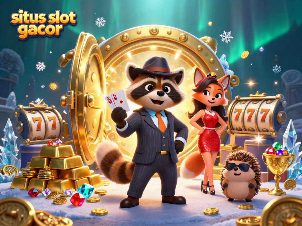 Experience the thrill of situs slot gacor with a charming raccoon, fox, and hedgehog in a vibrant casino scene.
