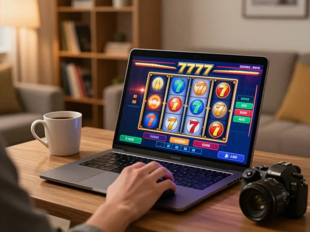 Engage with slot777 gameplay on a laptop, showcasing exciting spinning reels and cozy gaming atmosphere.